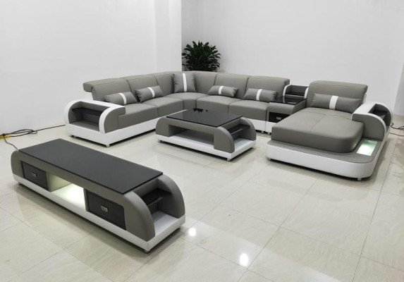 Conjunto de diseño Sofá esquinero Sofá Mesa de centro en forma de U Sofá de cuero de 2 piezas