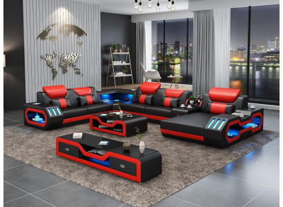 Conjunto de salón sofá tapizado 3 piezas. Mesa de centro aparador de cuero