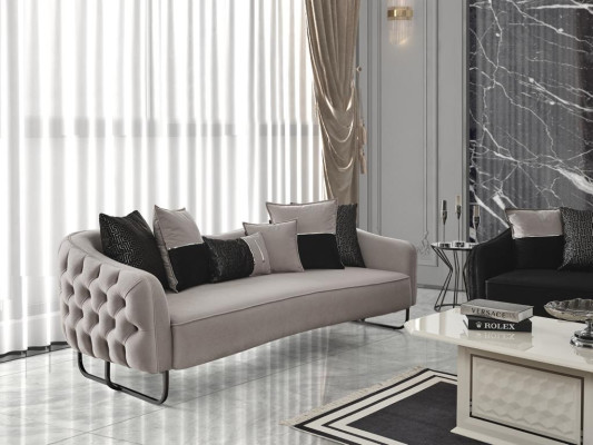 Sofá de 3 plazas beige Estilo de sofá de lujo Sala de estar moderna Diseño de tela de tapicería nuevo