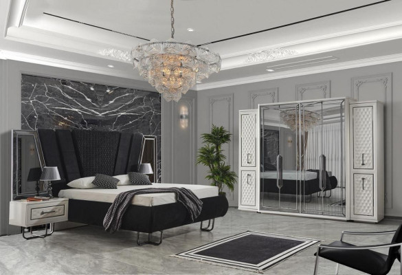 Dormitorio Cama 2x Mesitas de noche Set de lujo de muebles de diseño completo de 3 piezas.