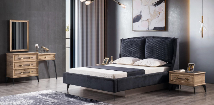 Juego de dormitorio de 4 piezas cama de lujo moderna 2 mesitas de noche cómoda incluida
