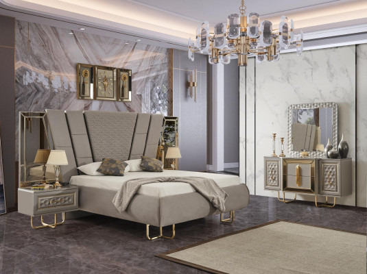Villa dormitorio muebles cama cama doble 2 mesitas de noche cómoda espejo de 5 piezas