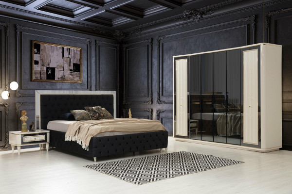 Juego de dormitorio moderno cama negra + 2 mesitas de noche guardarropa de 4 piezas.