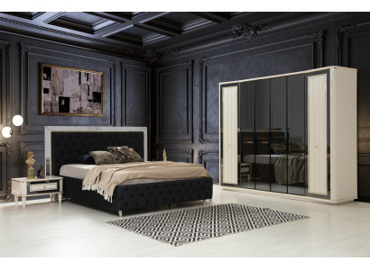 Juego de dormitorio moderno cama negra + 2 mesitas de noche guardarropa de 4 piezas.