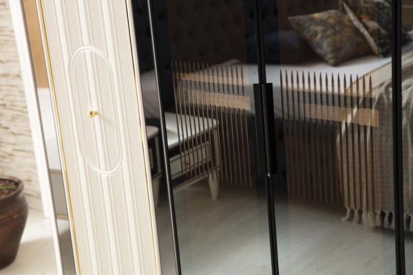 Juego de dormitorio moderno cama negra + 2 mesitas de noche guardarropa de 4 piezas.