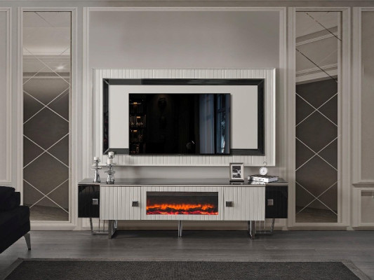 Mueble de lujo para la sala de estar con chimenea, soporte para televisión, tablero de televisión, paredes de la sala de estar.