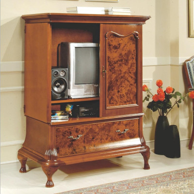 Armario de televisión en la pared, mueble de TV con televisor oculto con puertas, aparador de madera.