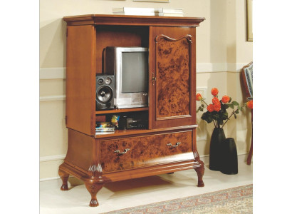 Armario de televisión en la pared, mueble de TV con televisor oculto con puertas, aparador de madera.