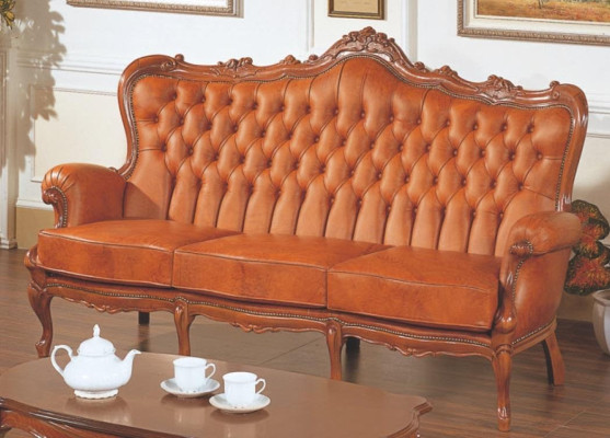 Sofá de 3 plazas de lujo de cuero marrón estilo art déco.