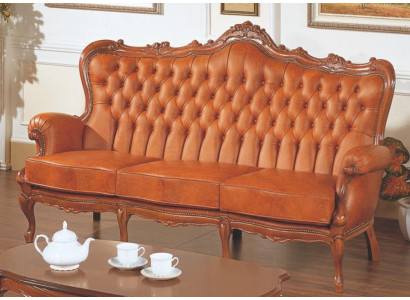 Sofá de 3 plazas de lujo de cuero marrón estilo art déco.