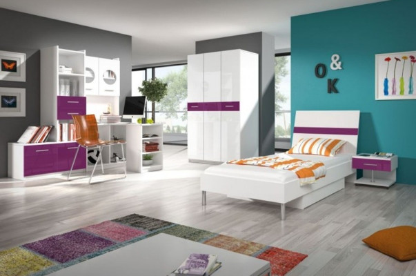 Conjunto juvenil de dormitorio lila moderno con armario, mesa, 5 piezas.