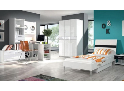 Juego de habitación infantil blanco armario cómoda mesa madera alto brillo 5 piezas.