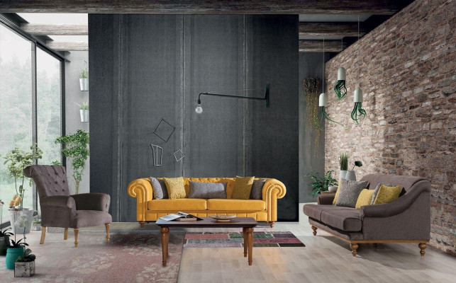 Sofá Chesterfield Chesterfield Lounge de tela de relajación de lujo sillón diseño marrón.