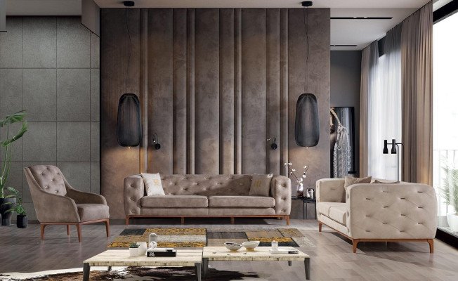 Sofá sofá 3 asientos acolchado sofá de sala de estar Muebles de diseño taupe de lujo