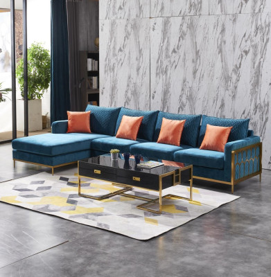 Sofá esquinero en forma de L Mesa de centro Sofá Diseño de lujo Cojín Azul Mesa