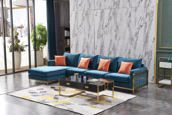 Sofá esquinero en forma de L Mesa de centro Sofá Diseño de lujo Cojín Azul Mesa