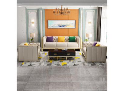 Sofá Chesterfield beige de 3 + 2 plazas, conjunto de sofás tapizados de cuero para la sala de estar.