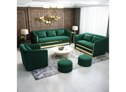 Conjunto de sofás de acero inoxidable verde 3+2 con cojines para la sala de estar.