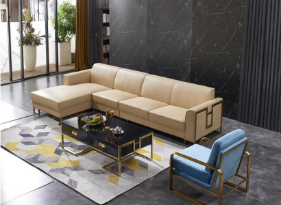 Sofá moderno, sofá en esquina en forma de L, sillón, mesa de centro, taburete, sofá en esquina, tapizado.
