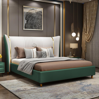 Diseñador de camas tapizadas dobles en tela y cuero para dormitorio matrimonial.