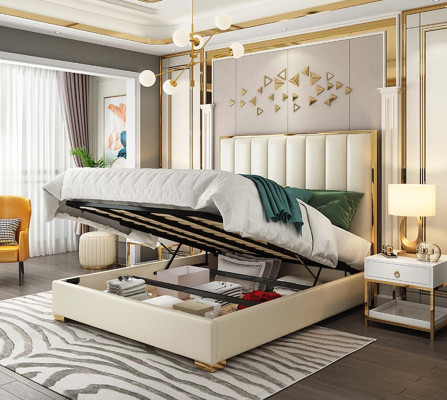 Dormitorio clásico cama blanca textil camas cuero acolchado doble.