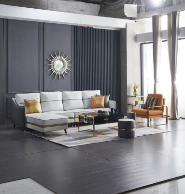 Conjunto de sofá en forma de L para la sala de estar con sillón decorativo, set de muebles moderno de cuero.