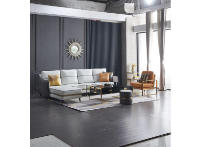 Conjunto de sofá en forma de L para la sala de estar con sillón decorativo, set de muebles moderno de cuero.