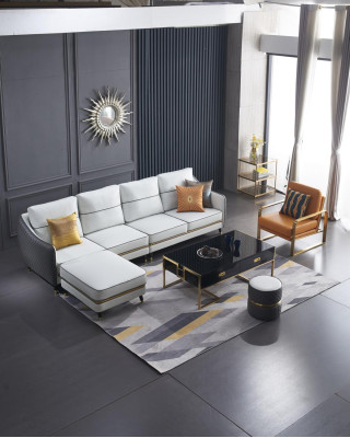 Conjunto de sofá en forma de L para la sala de estar con sillón decorativo, set de muebles moderno de cuero.