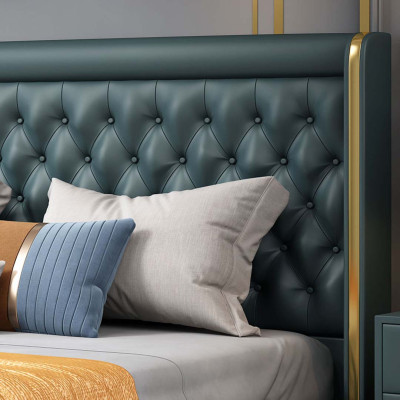 Dormitorio Cama Mesitas de noche 3 piezas. Set Diseño Decoración Lujo Camas Cuero