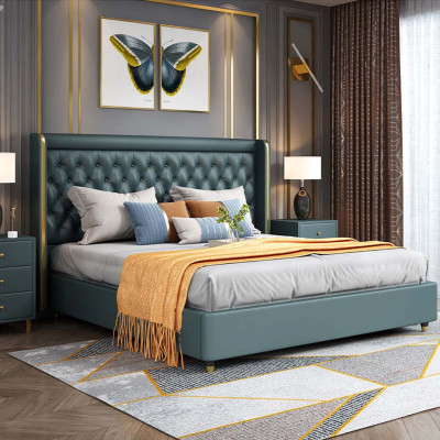 Dormitorio Cama Mesitas de noche 3 piezas. Set Diseño Decoración Lujo Camas Cuero