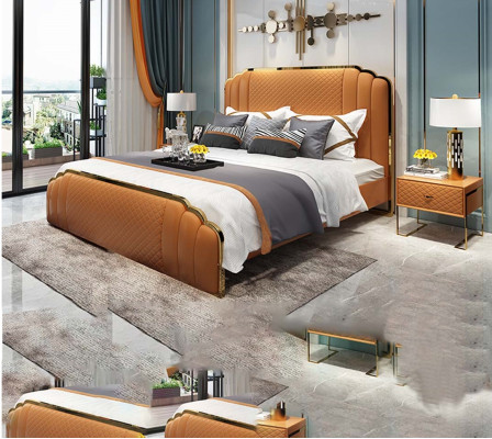 Diseño de cama de cuero para dormitorio conjunto de 3 piezas. 2 mesitas de noche camas muebles de lujo.