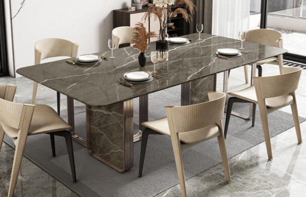 Mesa de comedor de lujo Mesa de metal Mesas de comedor de alto brillo Diseño moderno Mesas de comedor