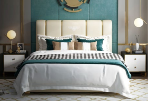Lujo cama dormitorio Cuero italiano Camas dobles Diseño de metal