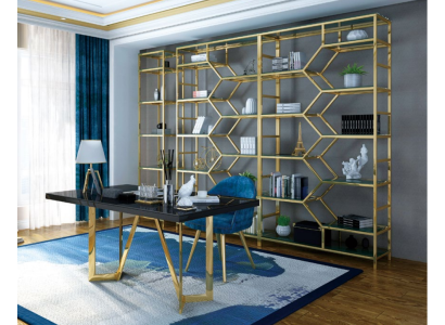 Conjunto de oficina de lujo con mesa de acero inoxidable y armario de metal de 5 piezas.