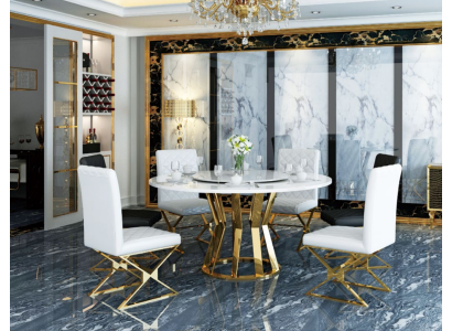 Juego de comedor Mesa de comedor moderna + 6 sillas de respaldo de metal y cuero.