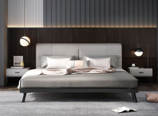 Diseño de cama de cuero de lujo con marco de metal dorado, cama tapizada de hotel 180x200 cm en gris.
