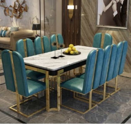 Mesa de comedor de lujo, mesa de metal, mesas de diseñador, muebles de conferencia de mármol.