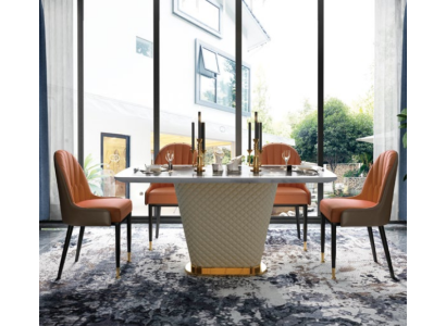 Lujo diseñador comedor con mesa de comedor redonda y 4 sillas de respaldo de metal.