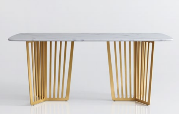 Mesa de comedor de lujo de cuero + acero inoxidable imitación mármol mesa de comedor de piedra