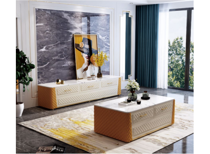 Mueble de televisión, aparador TV RTV XL, mesa de centro imitación mármol 2 piezas