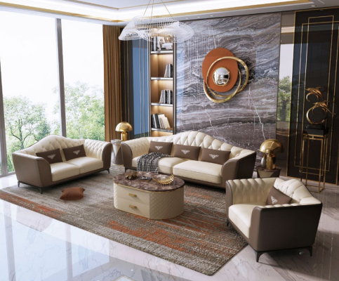 Conjunto completo de sofá 3+2+1, sofá de cuero de diseño en conjunto de cuero.