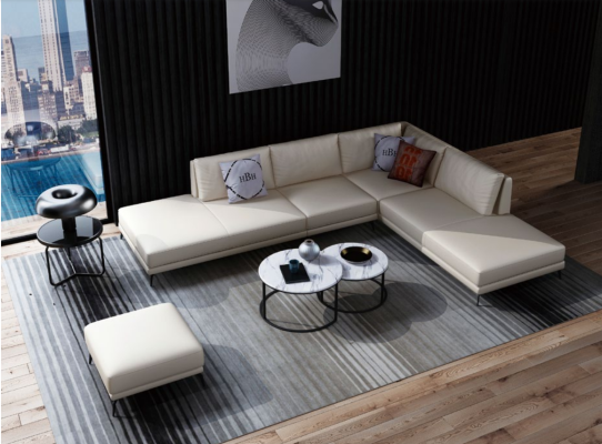 Moderno conjunto de sofá esquinero en forma de L con cojines decorativos esquinero + taburete.