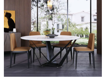 Diseño de mesa redonda con 4 sillas de comedor tapizadas.