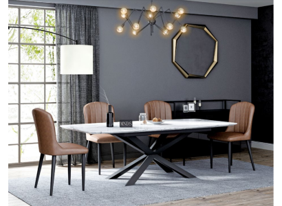 Diseño de muebles para comedor. Grupo de sillas y mesa con 4 sillas con respaldo. Set de 5 piezas.