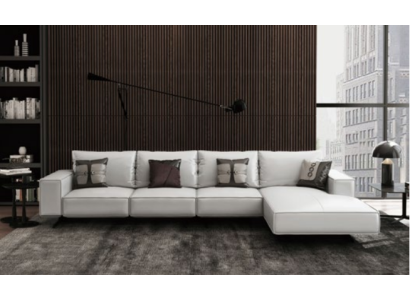 Moderna sala de estar con sofá esquinero, sofá tapizado, asiento de cuero, esquina de decoración.