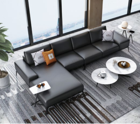 Sofá de esquina tapizado italiano en cuero, moderno conjunto de salón.