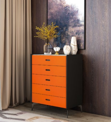 Muebles de estilo italiano, cómoda alta, armario, armarios de diseñador color naranja.