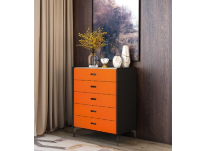 Muebles de estilo italiano, cómoda alta, armario, armarios de diseñador color naranja.