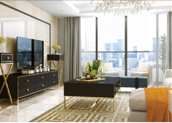Muebles de diseño italiano, 2 piezas. Set de cómoda + mesa de centro en alto brillo.