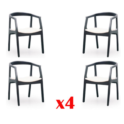 Conjunto de 4 sillas de diseño de madera y textil con tapizado para comedor o restaurante.